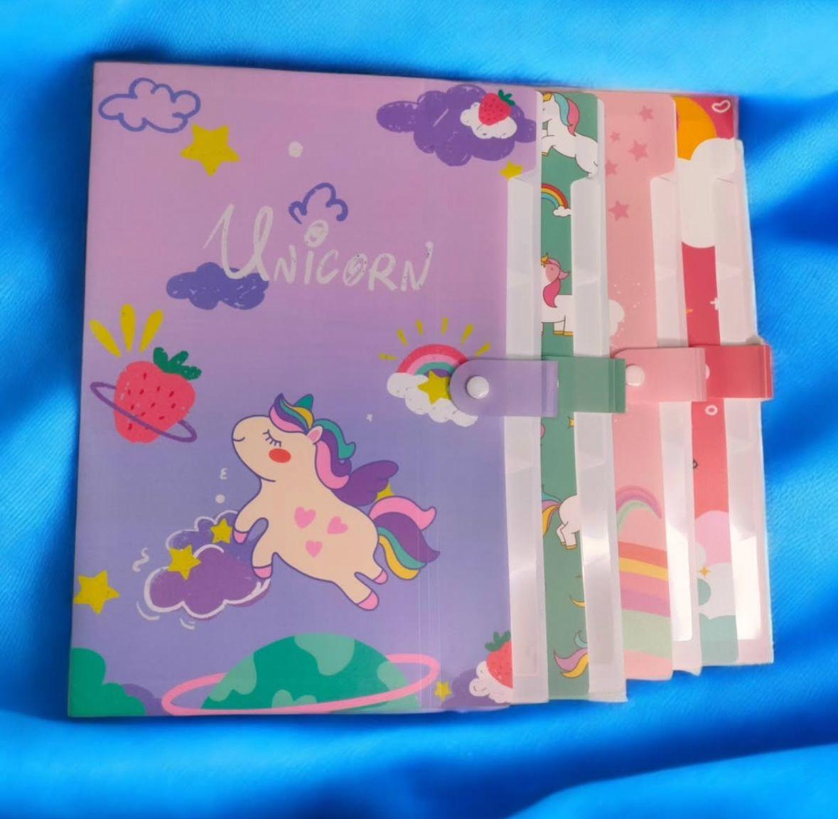 A4 Paper File Folder With Button Lock Pack Of 4 Pcs Unicorn and Space Theme Certificates Holder With 6 Pockets