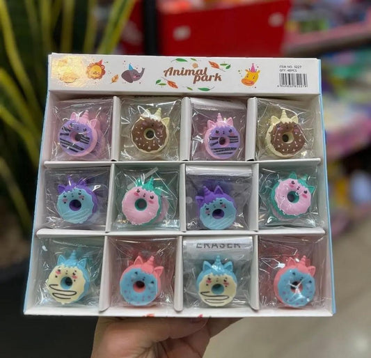 Cute Donut Shape Erasers for Students Cartoon Food Theme Stationery (Pack of 12)